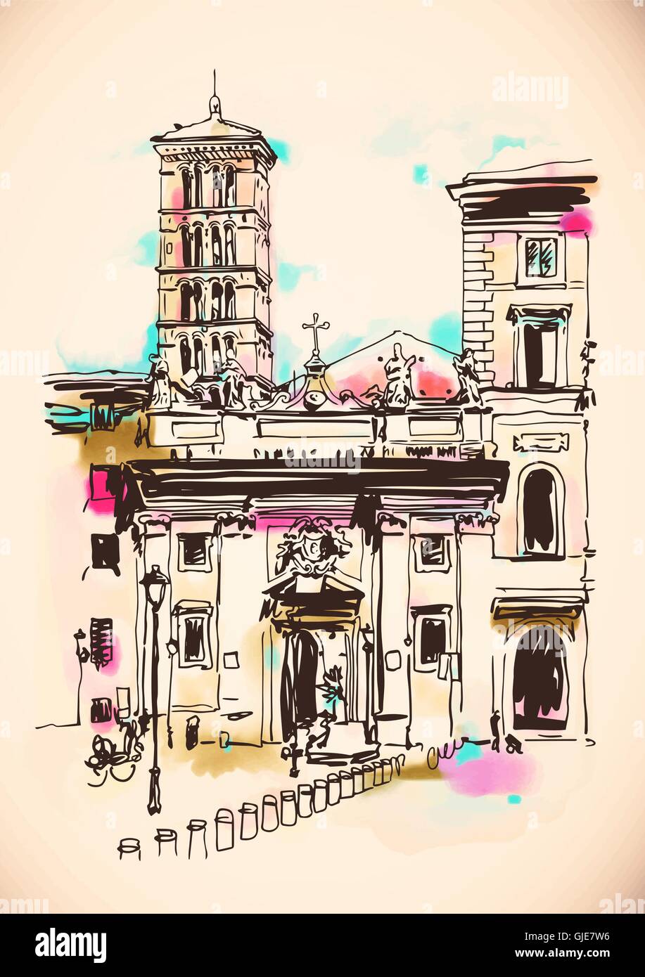 Originale freehand acquerello su carta di viaggio da Roma Italia, vecchie Illustrazione Vettoriale