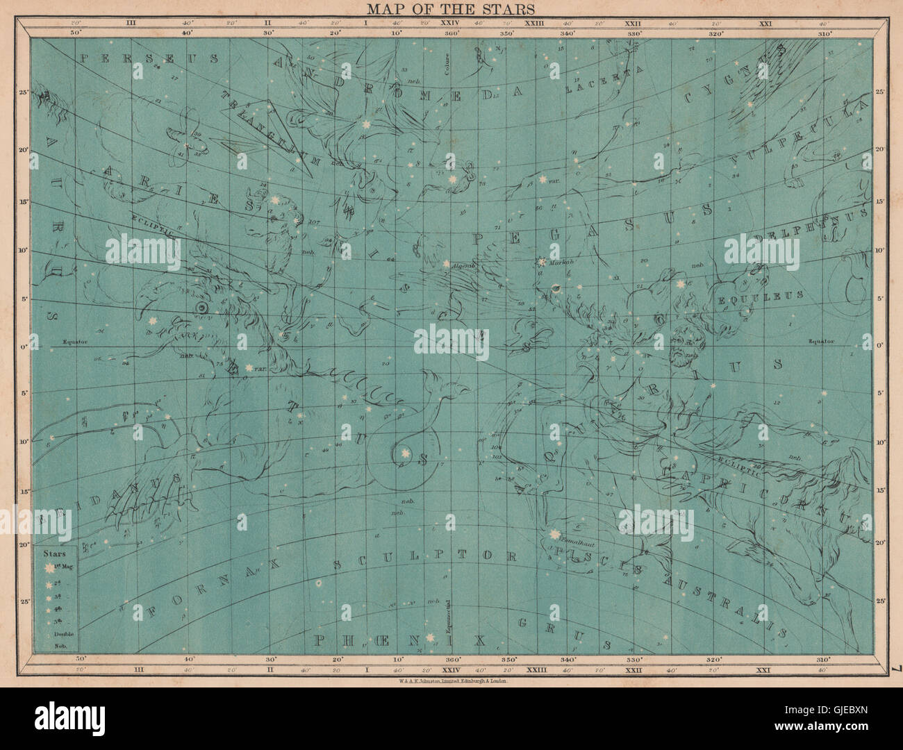 Astronomia. Mappa Star. Andromeda Pegasus Aries Pisces Aquarius. JOHNSTON, 1906 Foto Stock