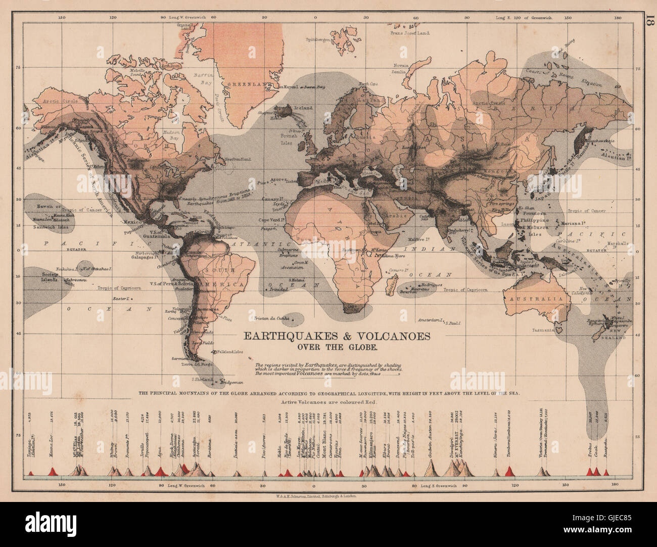 Sismica del mondo. Zone sismiche & attivo/vulcani inattivi. JOHNSTON, 1906 Mappa Foto Stock