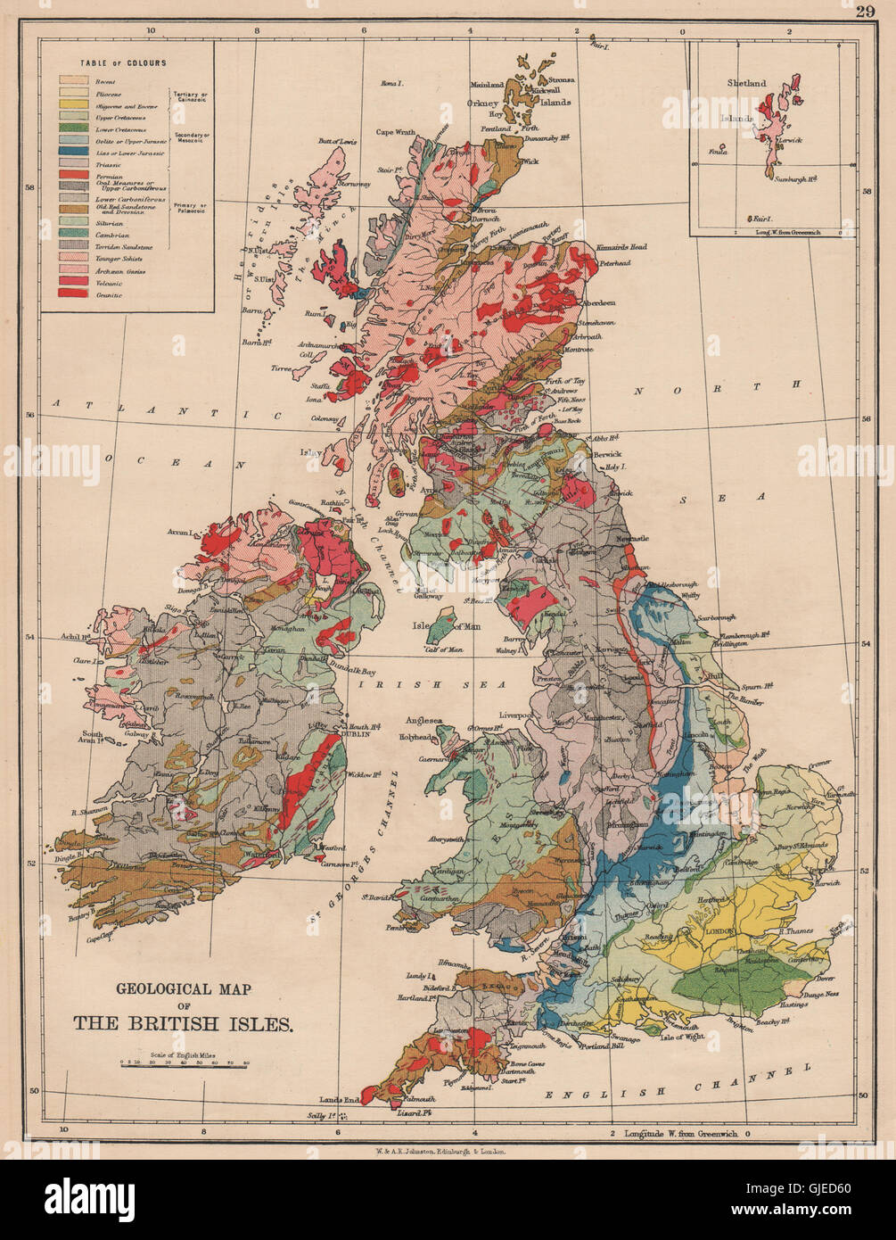 Isole britanniche geologiche. Pliocene Cretaceo Giurassico Triassico &C, 1906 Mappa Foto Stock