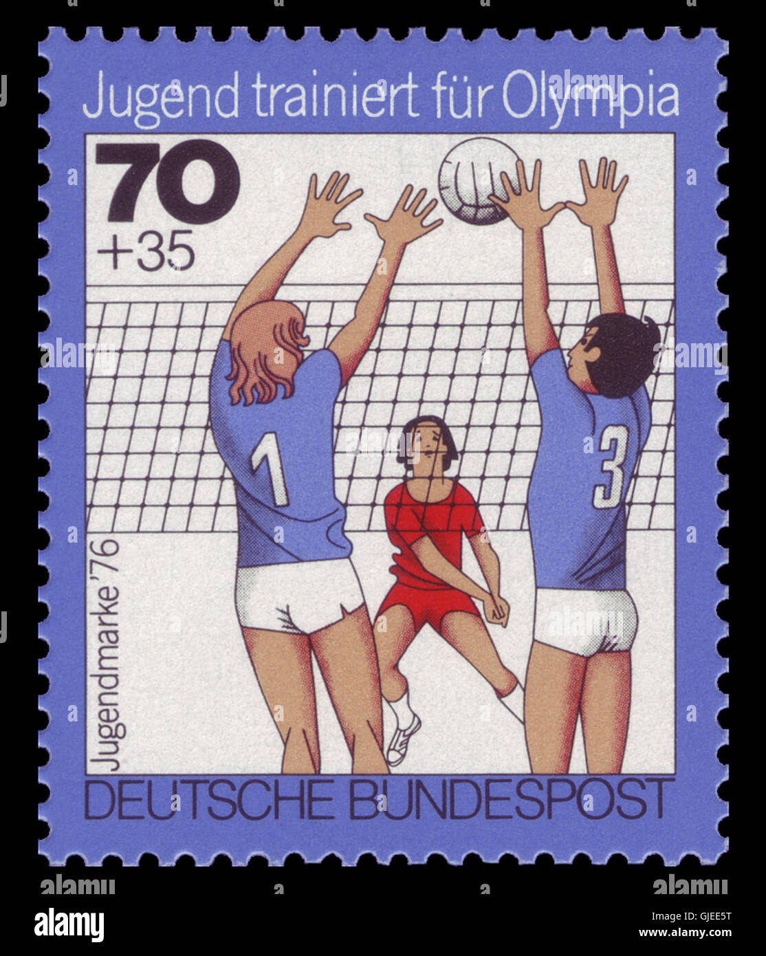 Il francobollo tedesco DBP 885 Jugend Olympia 1976 commemora la partecipazione dei giovani ai Giochi Olimpici, riflettendo l'entusiasmo del paese per gli eventi sportivi e internazionali. Foto Stock