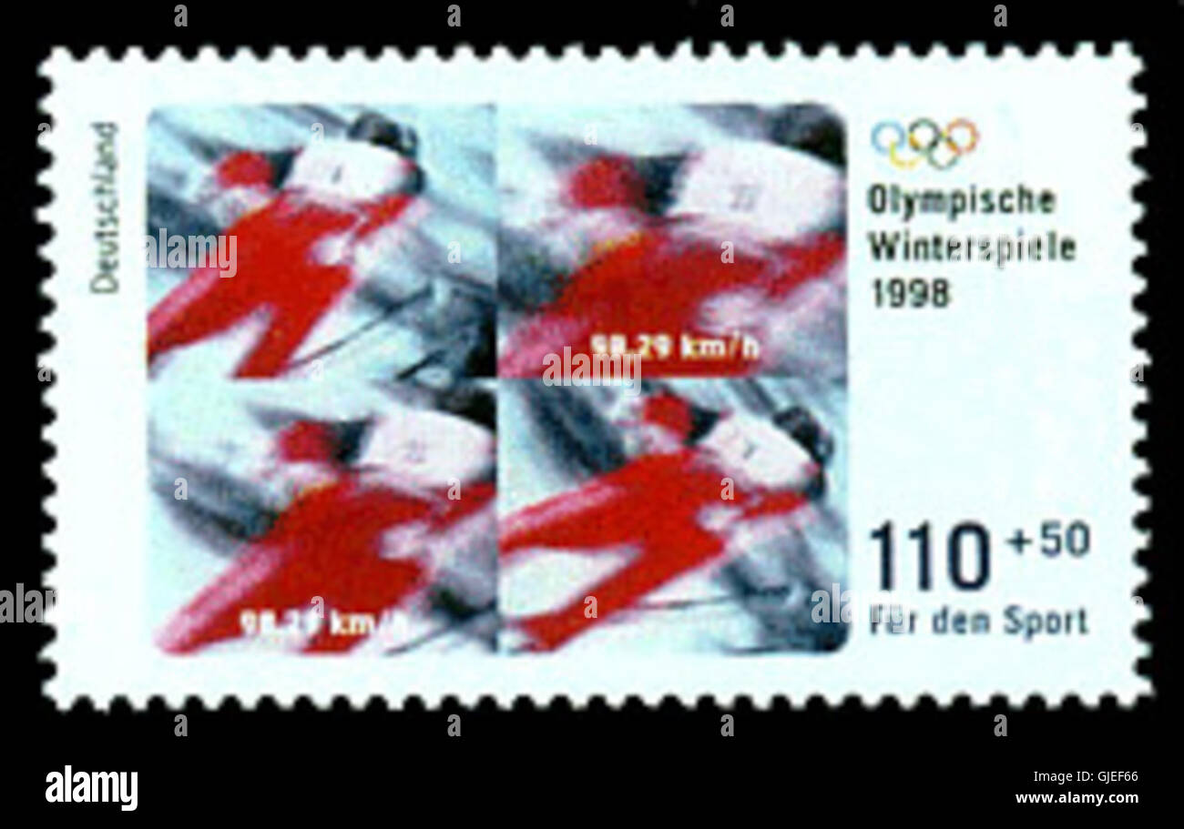 Il francobollo DPAG Sport-Olympia del 1998 commemora i Giochi olimpici, celebrando lo sport e le competizioni internazionali. È caratterizzato da iconiche immagini olimpiche e fa parte di una serie che mette in risalto eventi sportivi globali. Foto Stock