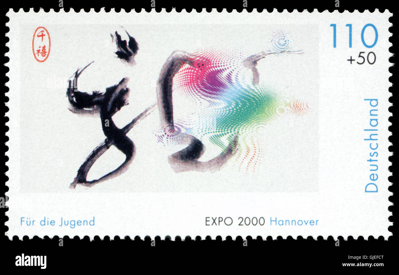 Il francobollo tedesco MiNr2121 del 2000 celebra la calligrafia cinese, con un design che riflette il significato culturale della forma d'arte. Il francobollo fa parte della serie internazionale tedesca che promuove il patrimonio culturale globale. Foto Stock