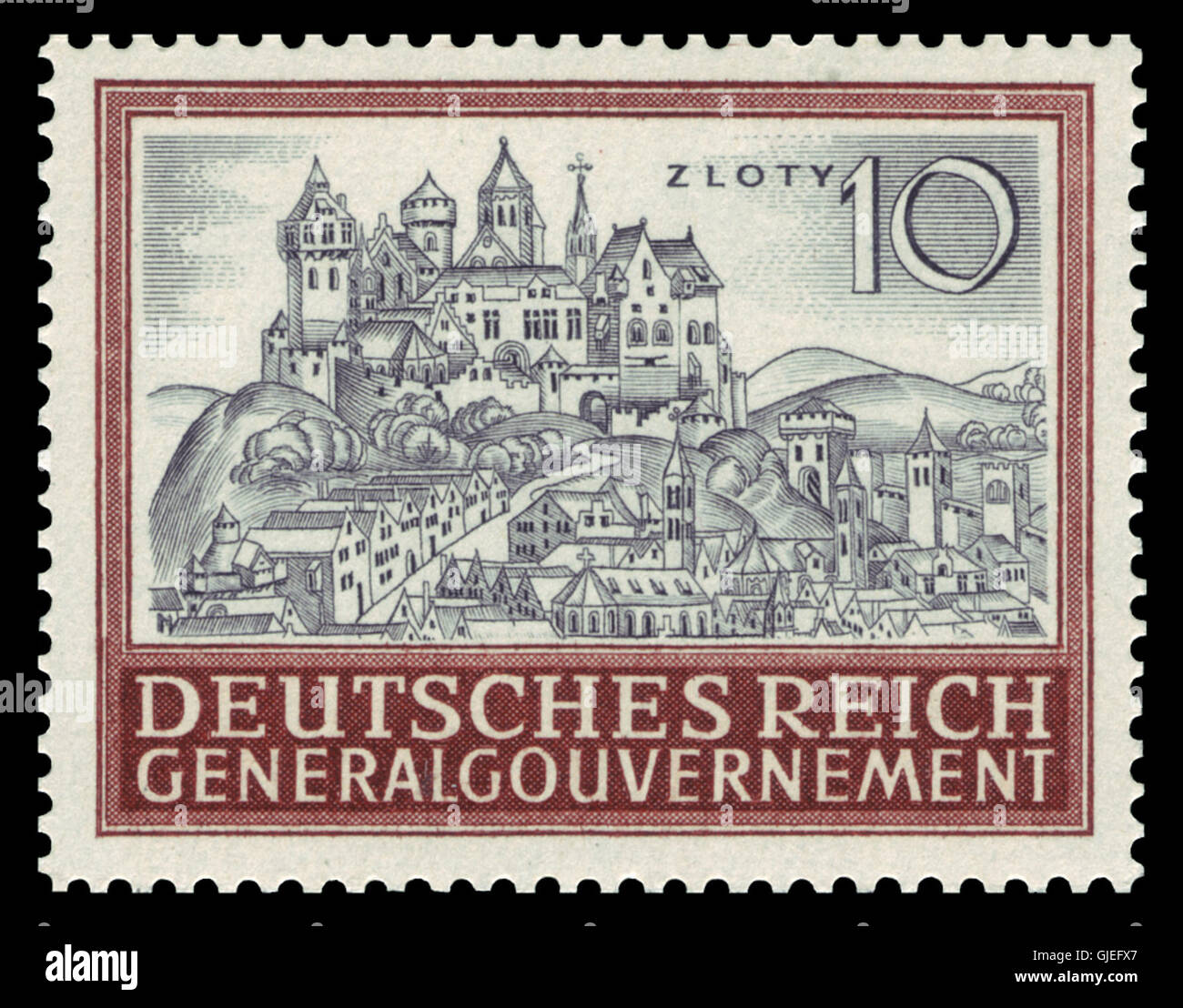 Il francobollo del Generalgouvernement del 1943 del 116 raffigura Burg Wawel (Castello di Wawel) a Kraków, emesso durante l'occupazione tedesca della Polonia nella seconda guerra mondiale. Questo francobollo rappresenta un periodo storico nel sistema postale della Polonia occupata. Foto Stock