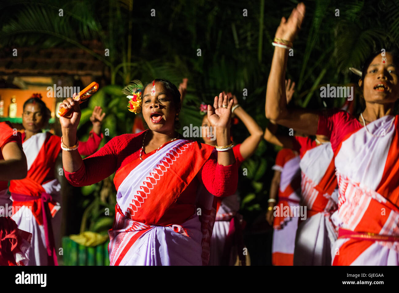 Canti e danze bengalesi tradizionali eseguiti al Tiger Camp nel Parco Nazionale di Sundarbans, Bengala Occidentale, India Foto Stock