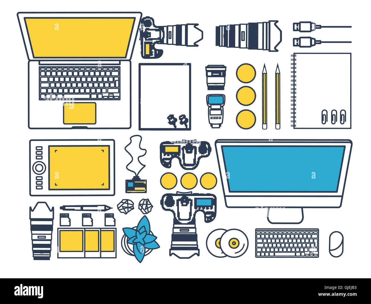 Fotografo equipaggiamento su una tabella. Strumenti per la fotografia, l'editing di foto, photoshooting sfondo piatto. Fotocamera digitale con obiettivo. Illustrazione Vettoriale.Line art Illustrazione Vettoriale