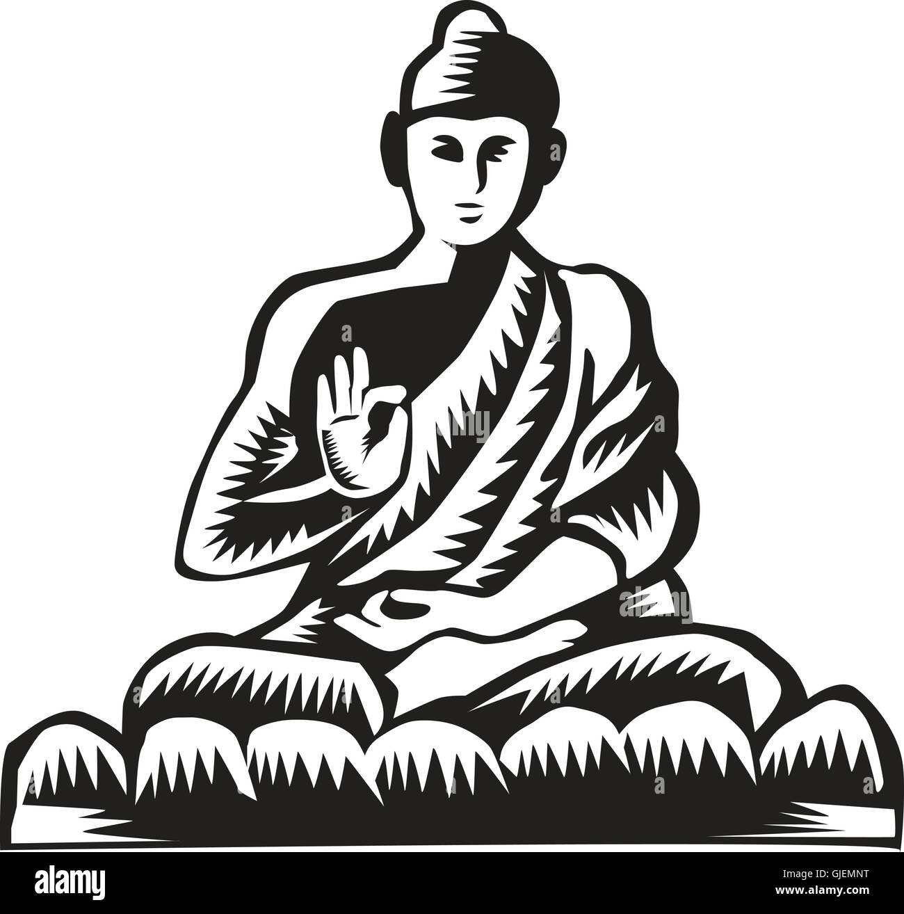 Illustrazione di un Gautama Buddha, Siddhārtha Gautama, Buddha Shakyamuni nella posizione del loto, visto dal lato anteriore impostato su isolato sfondo bianco fatto in xilografia retrò stile. Illustrazione Vettoriale