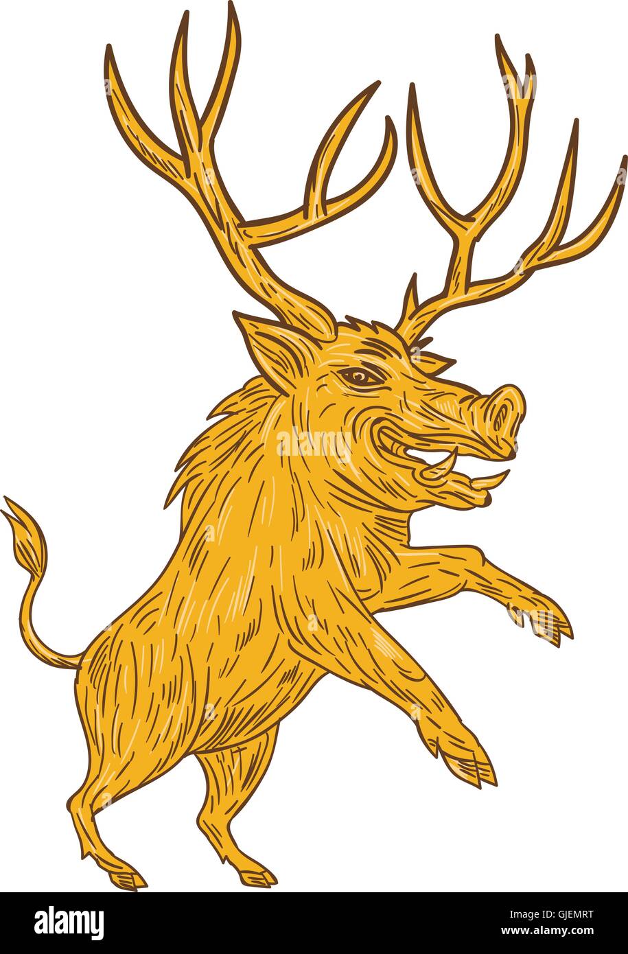 Disegno stile sketch illustrazione di un maiale selvatico cinghiale razorback con corna di cervo rampante visto dal lato impostato su bianco isolato Illustrazione Vettoriale