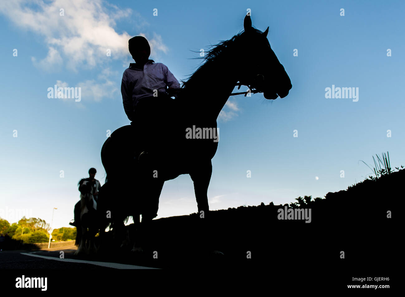 Un cavallo Cavaliere e il suo cavallo in silhouette in Ballydehob, West Cork, Irlanda. Foto Stock