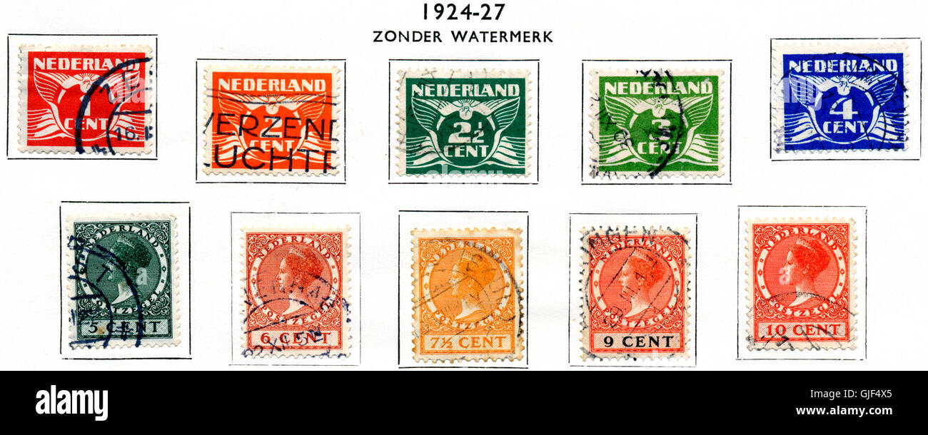 I 1924-27 francobolli Postzegel da 1-10 cent provenienti dai Paesi Bassi facevano parte di una serie emessa per uso postale quotidiano durante il periodo tra le due guerre. Foto Stock