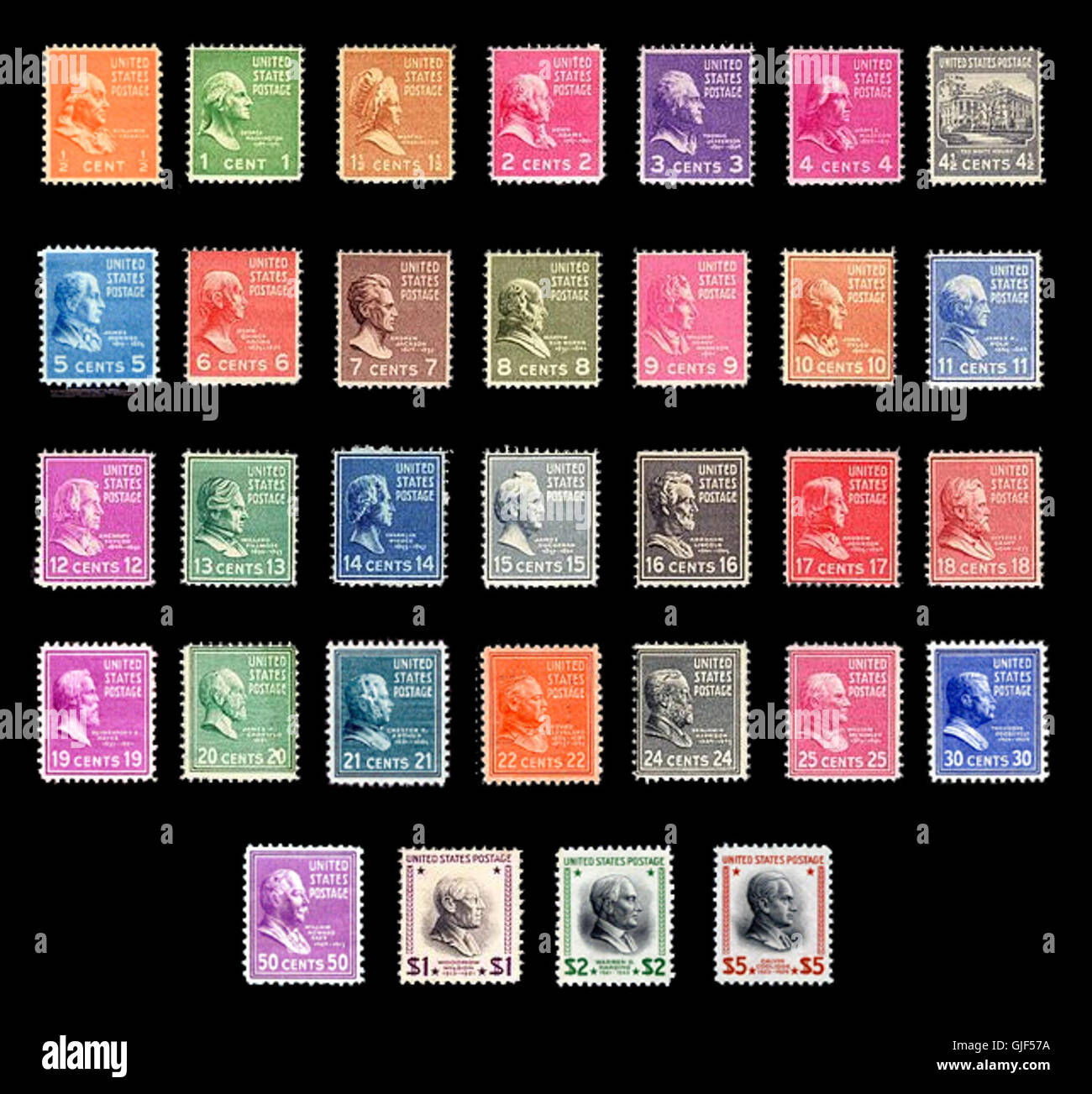 I francobolli Prexies furono una serie emessa negli Stati Uniti all'inizio del XX secolo, con figure storiche di spicco della storia statunitense. Sono noti per i loro disegni classici e l'importanza per la filatelia statunitense. Foto Stock