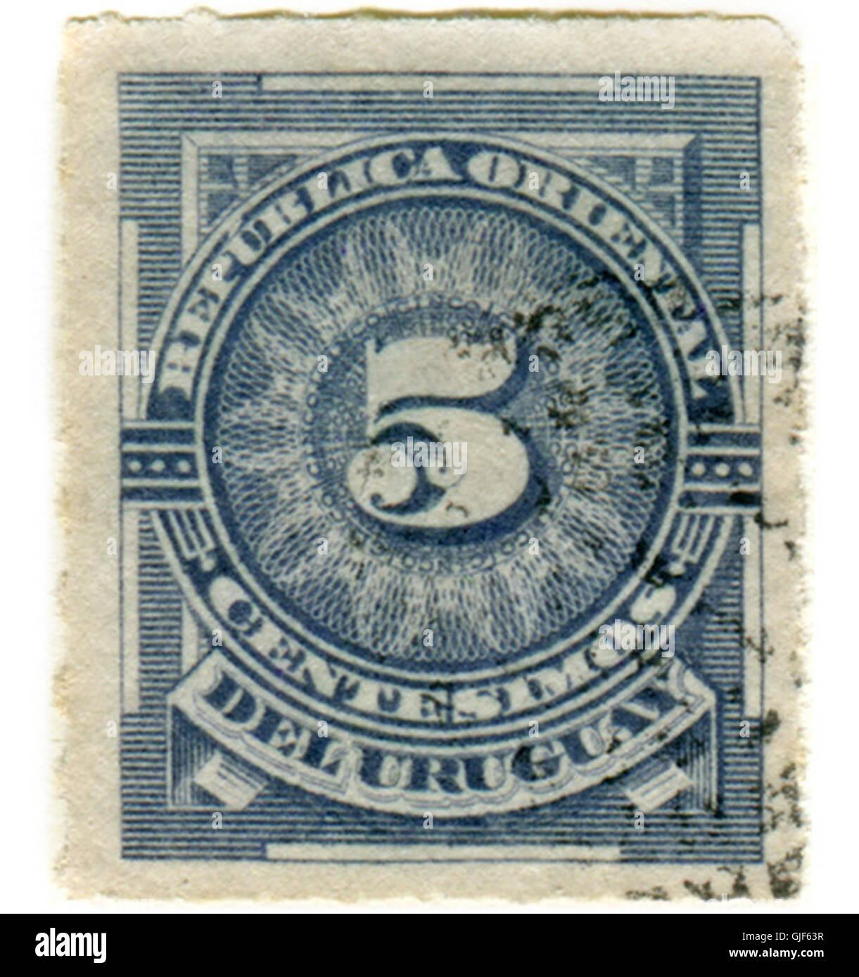 Il francobollo blu Uruguay Prussian del 1884 è un'emissione iniziale distintiva con la denominazione da 1 centavo. Il suo colore blu intenso e il suo significato storico lo rendono un oggetto importante per i collezionisti di francobolli, in particolare nella filatelia sudamericana. Foto Stock