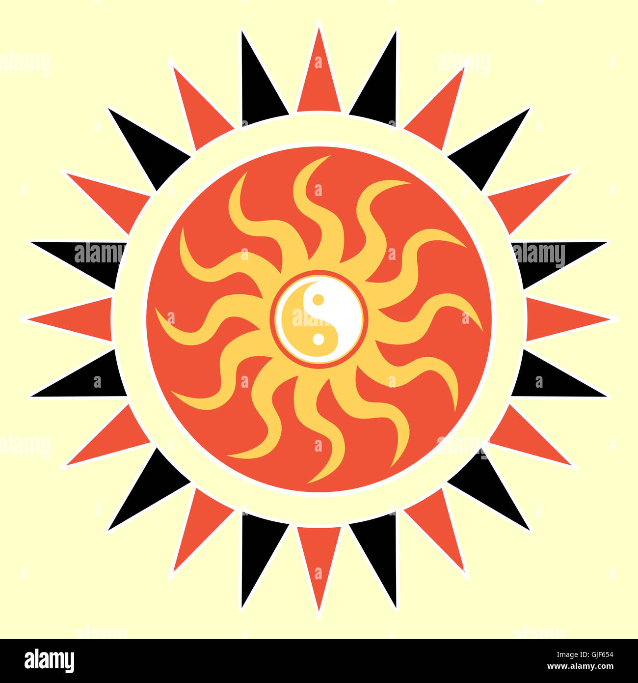 Yin Yang sunshine. Caratteristiche geometriche e di ispirazione graphic design basato su taoismo cinese tradizione filosofica. Foto Stock