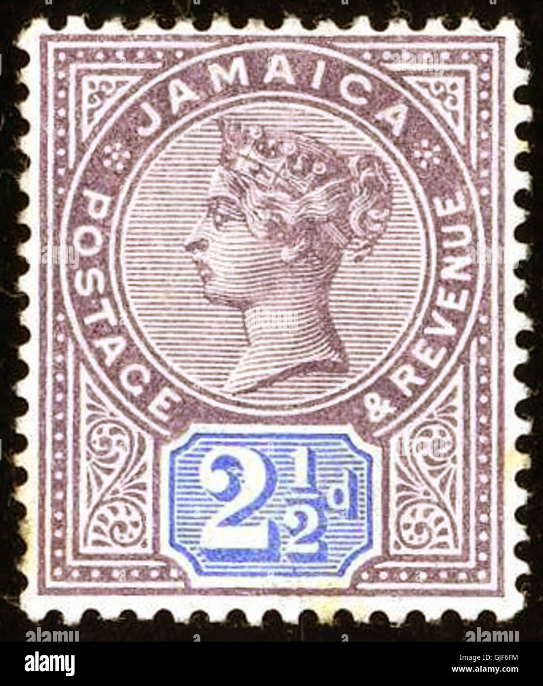 Il francobollo Jamaica 2½d del 1891 (Yv29 SG29) fa parte di una serie raffigurante l'era coloniale dell'isola. È uno dei francobolli più ricercati della filatelia giamaicana, di valore storico. Foto Stock