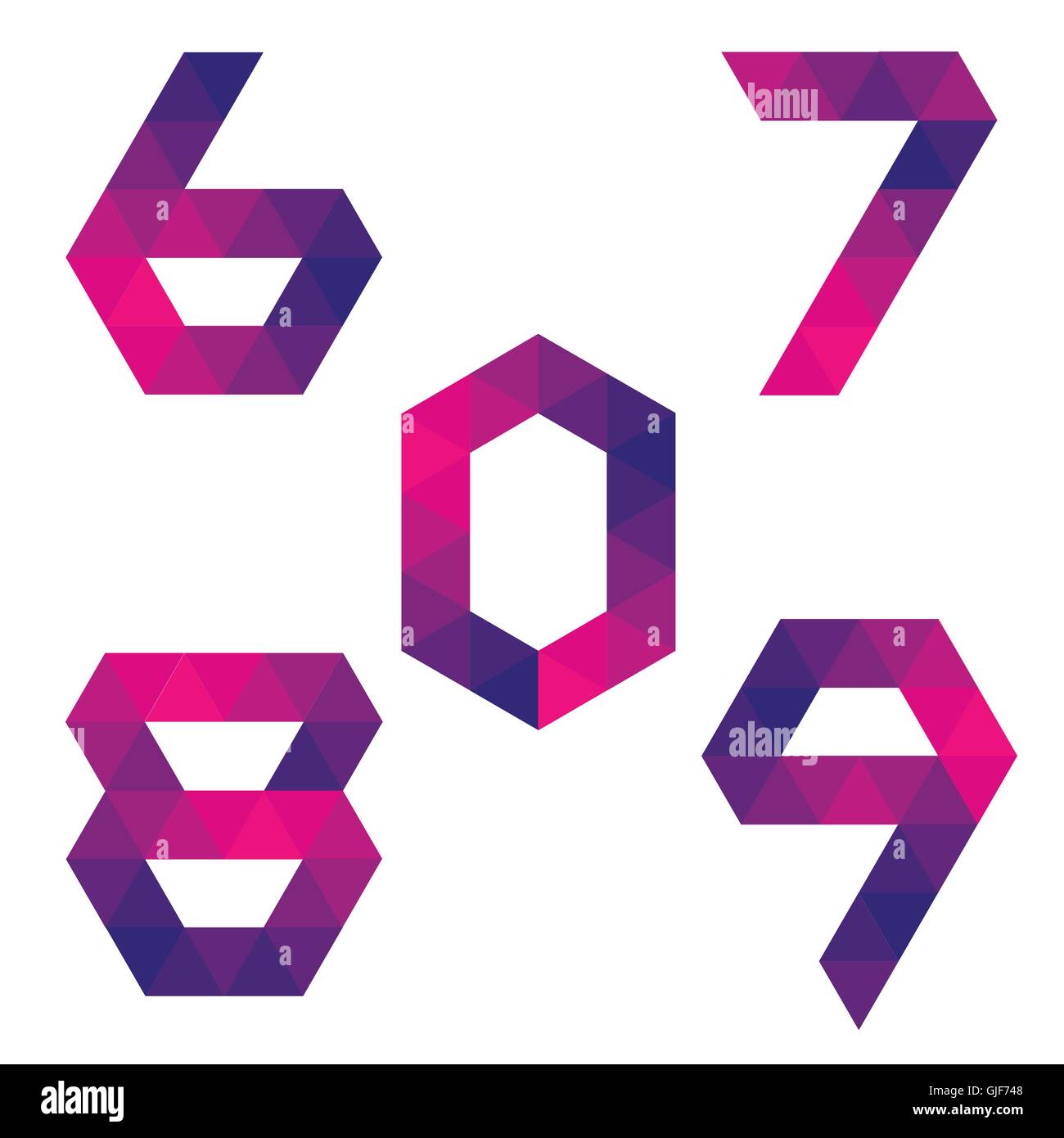 Serie di numeri 6, 7, 8, 9, 0 formate da triangoli colorati. Forma geometrica. Sfondo bianco. Isolato. Illustrazione Vettoriale