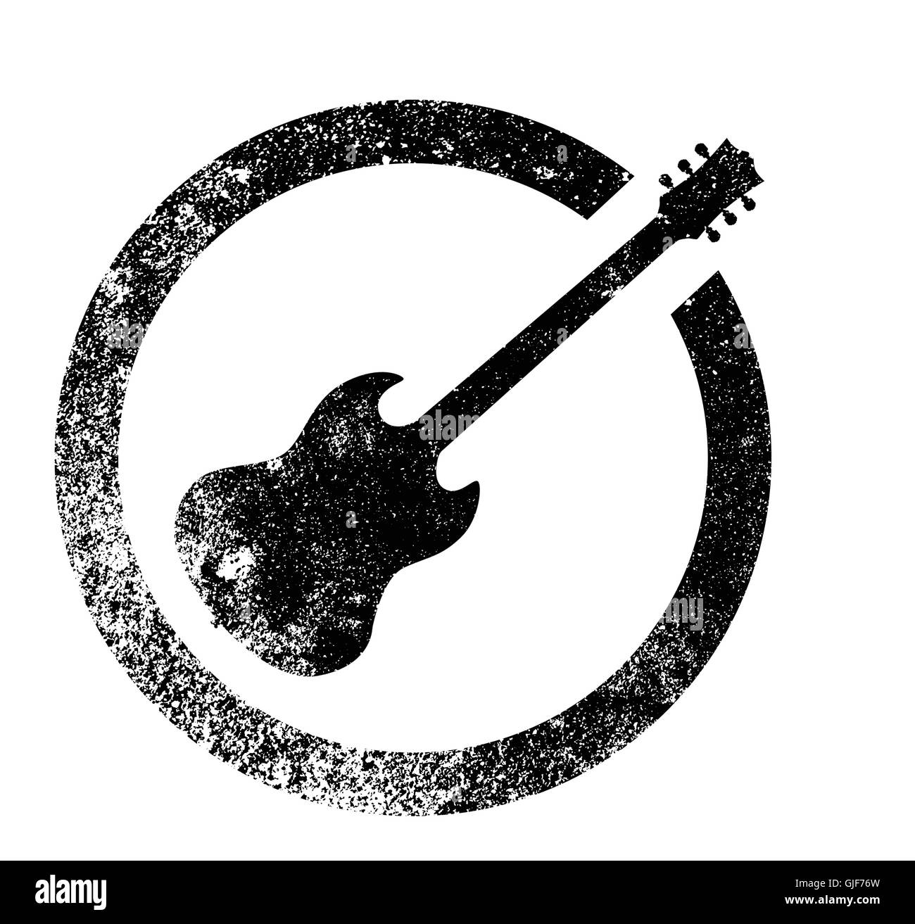 Lo standard rock and roll guitar come gomma timbro di inchiostro in bianco e nero, isolato su uno sfondo bianco. Illustrazione Vettoriale