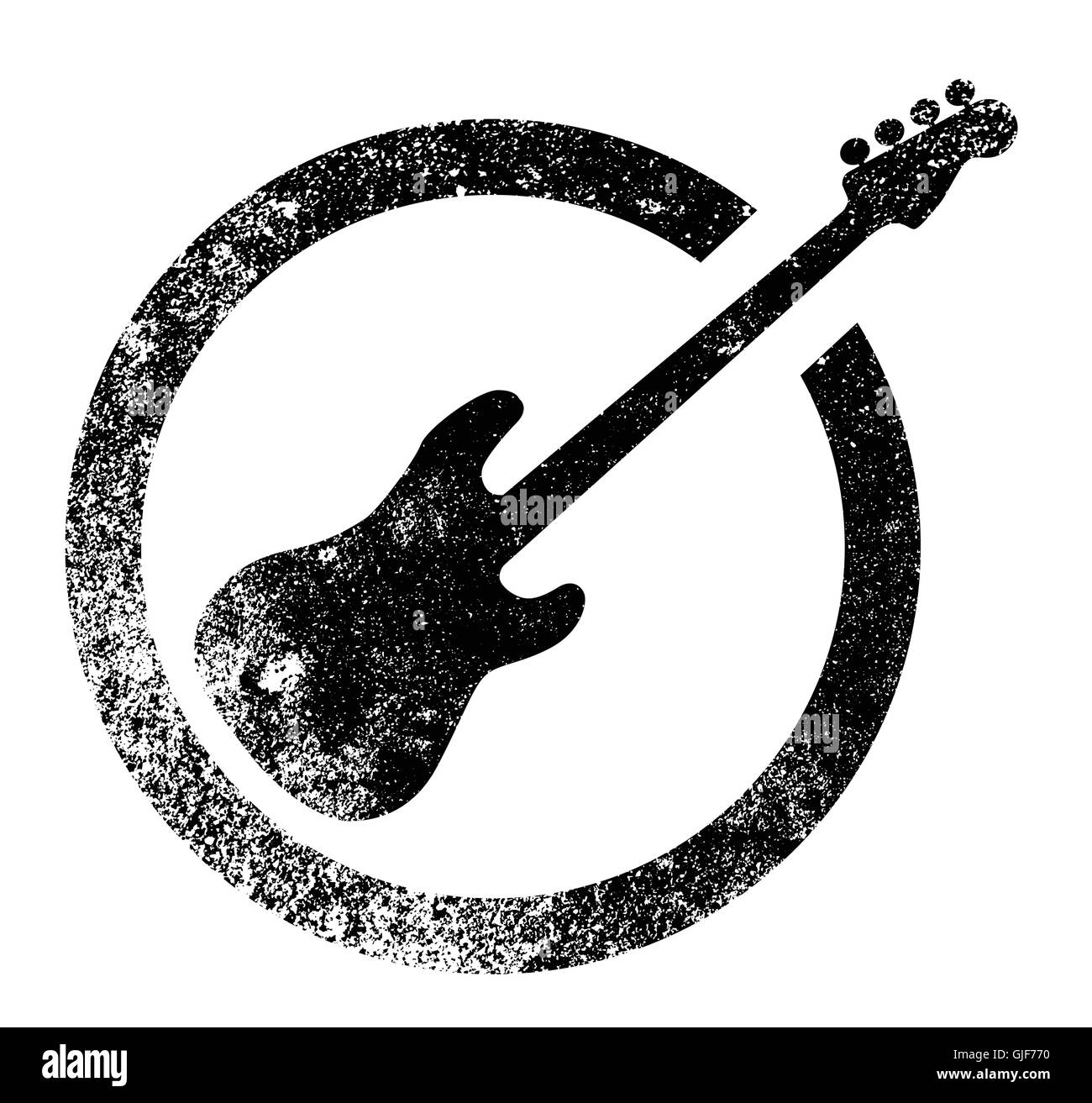 Bass Guitar come gomma timbro di inchiostro in bianco e nero, isolato su uno sfondo bianco. Illustrazione Vettoriale