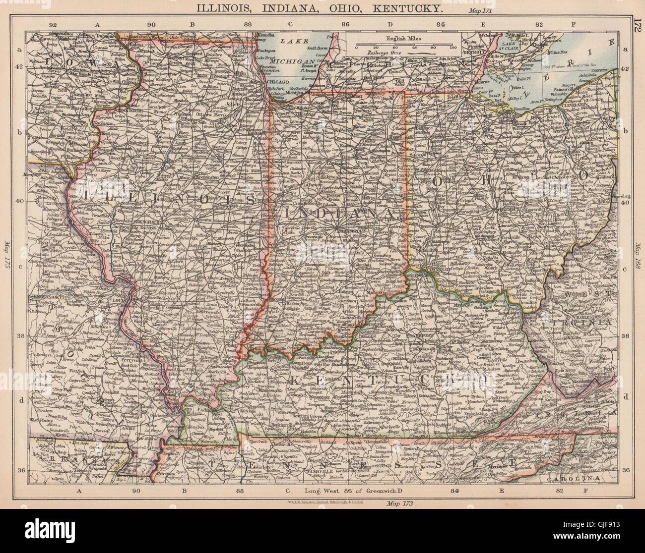 Stati Uniti d'America Midwest. Illinois Indiana Ohio Kentucky. Ferrovie. JOHNSTON, 1906 mappa vecchia Foto Stock