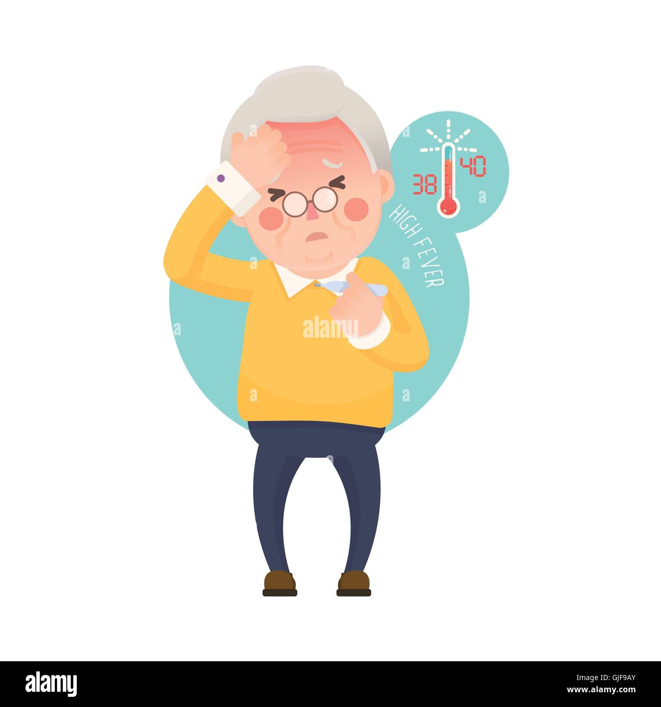 Illustrazione Vettoriale di vecchio e malato l uomo che soffre di una febbre e di controllo della sua temperatura su un termometro mentre l'innesto a sua Illustrazione Vettoriale