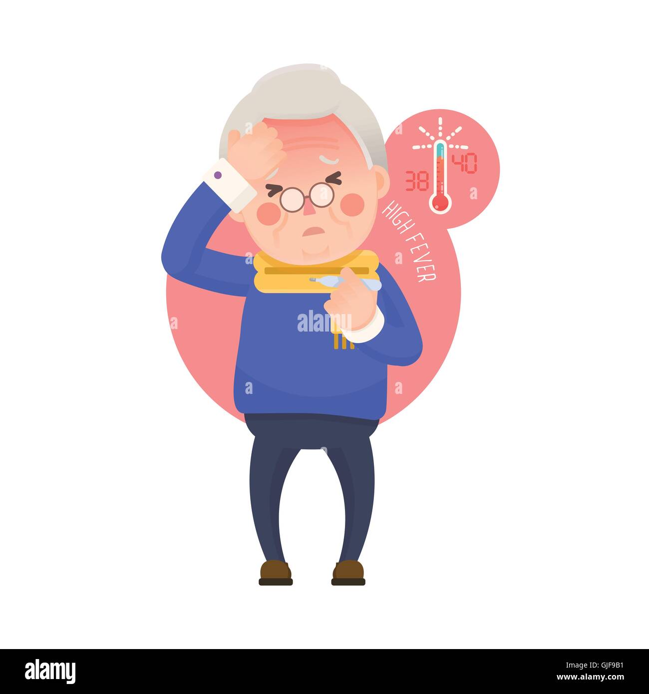 Illustrazione Vettoriale di vecchio e malato l uomo che soffre di una febbre e di controllo della sua temperatura su un termometro mentre l'innesto a sua Illustrazione Vettoriale