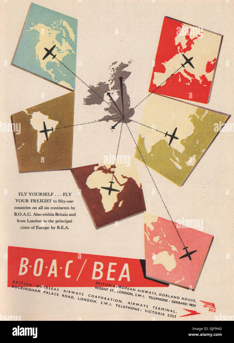 Annuncio della compagnia aerea. BOAC/BEA. (Ora British Airways) , stampa vintage 1951 Foto Stock