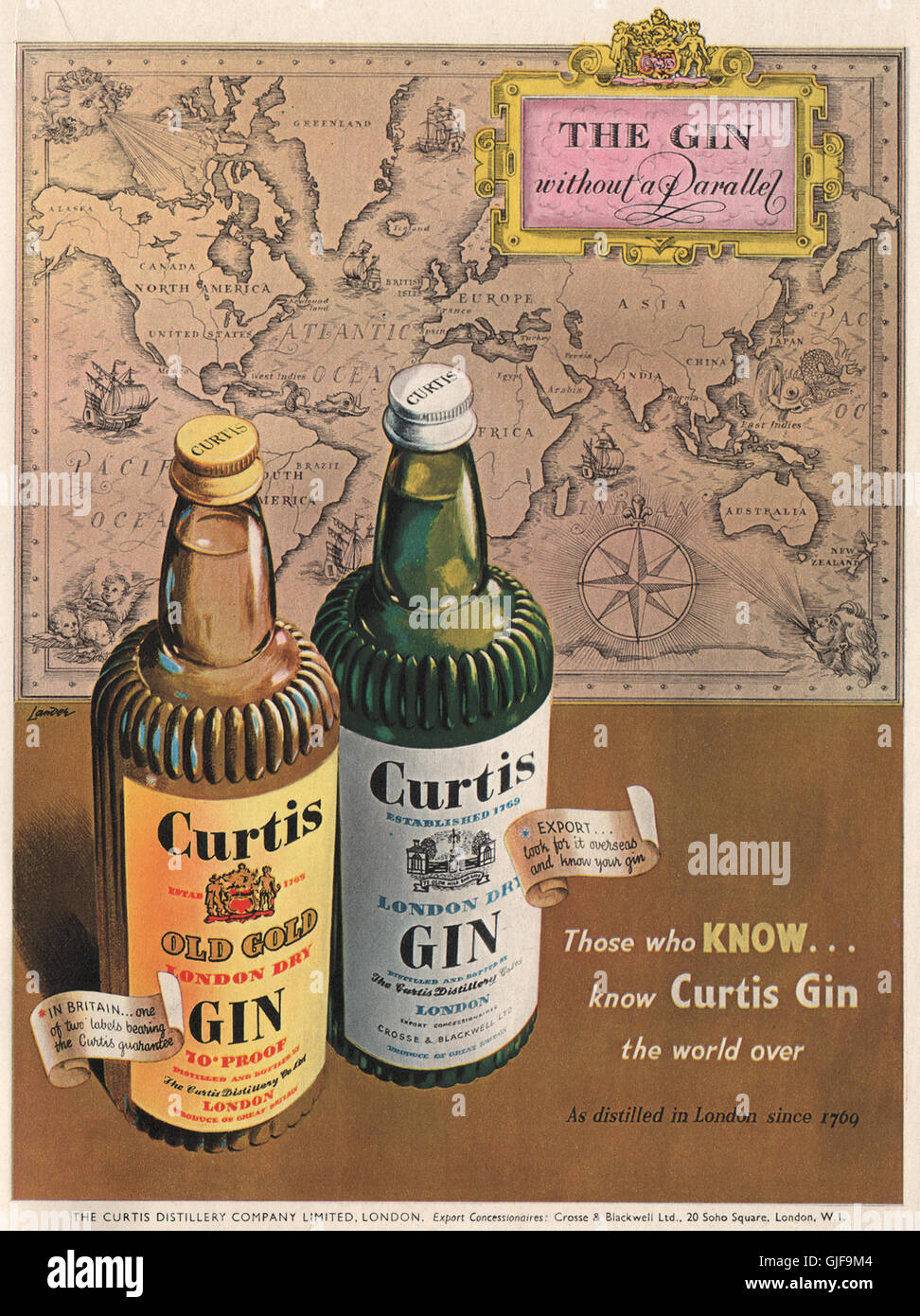Il gin annuncio. La curtis Distillery Co. Ltd. Oro vecchio London dry gin, stampa 1951 Foto Stock