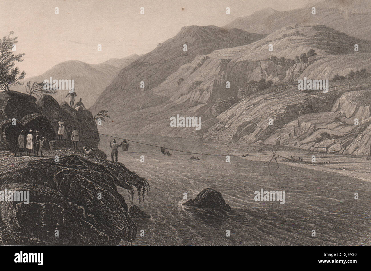 Ammutinamento indiano. Fuggitivo Sepoys attraversando il fiume tonnellate, da un Jhoola, 1858 Foto Stock