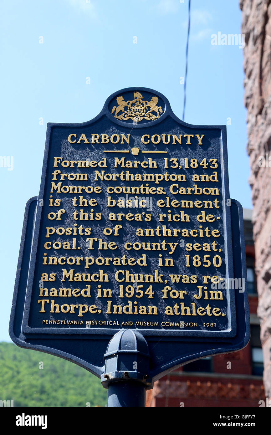 La Contea di carbonio segno storico, Jim Thorpe, Pennsylvania Foto Stock