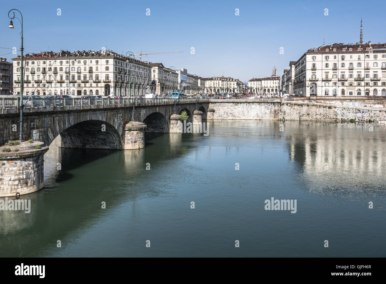 Fiume Po e piazza Vittorio a Torino, Italia Foto Stock