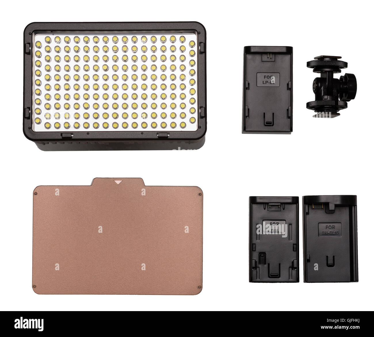 On-LED telecamera video kit luce laici piana. Luce video, filtro di tungsteno, filettatura di fissaggio, adattatori per batteria. Su sfondo bianco Foto Stock