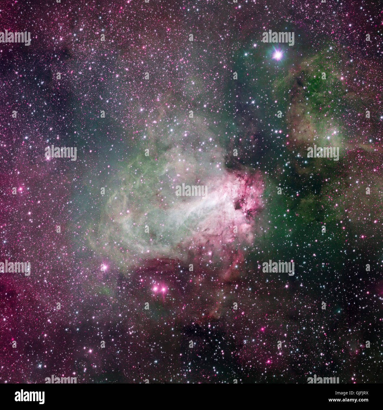 Star-regione di formazione di Messier 17, noto anche come la Nebulosa Omega o il cigno nebulosa. Questa vasta regione di gas, polvere e caldo giovani s Foto Stock