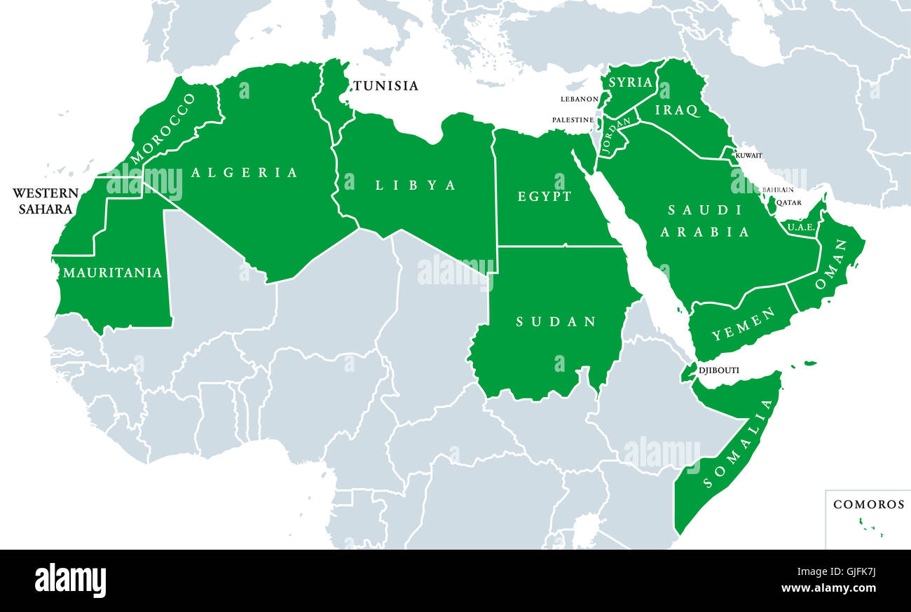Mondo arabo mappa politico, anche chiamato nazione araba, consiste di ventidue paesi di lingua araba della Lega Araba. Foto Stock