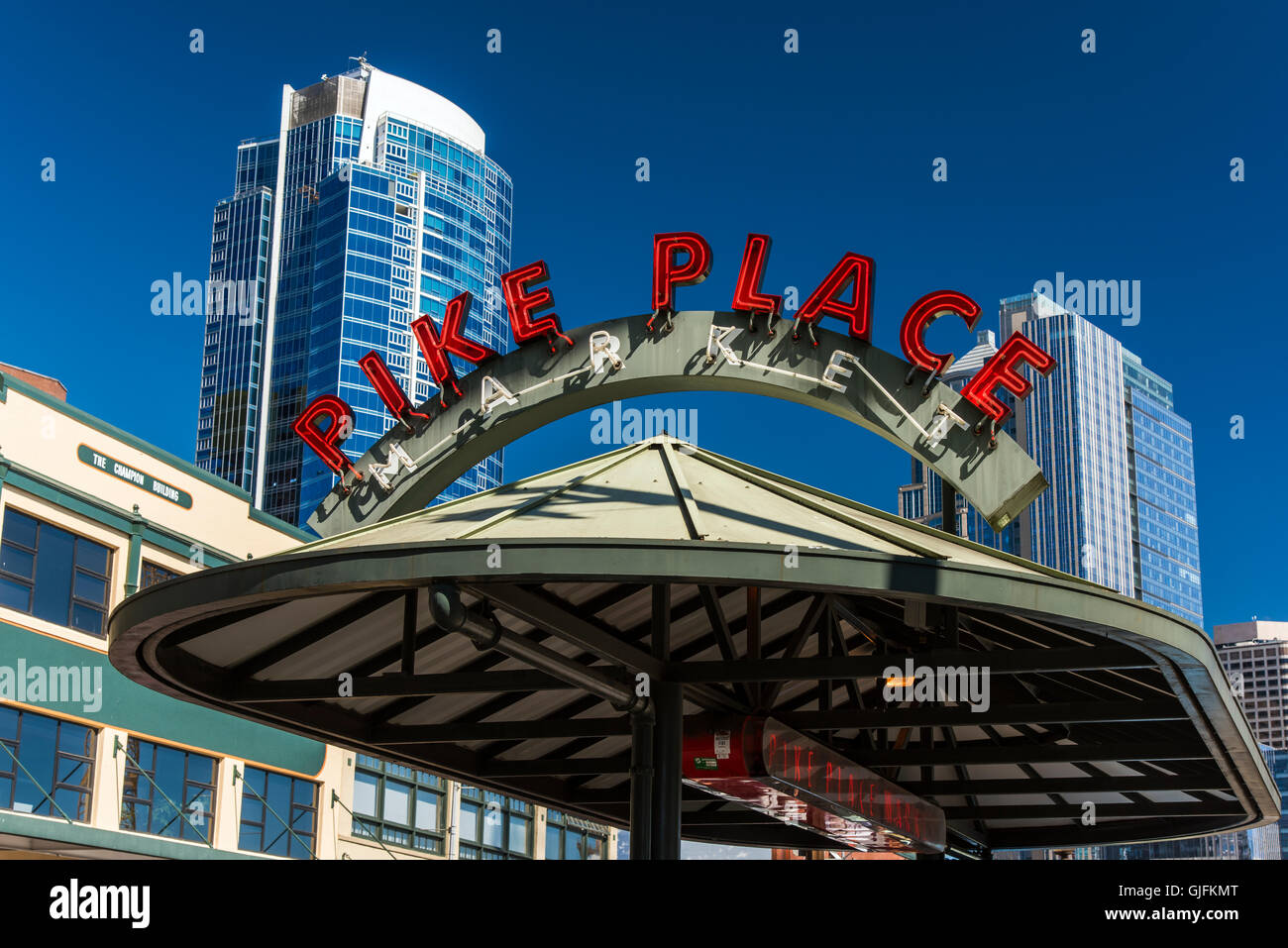 Il Mercato di Pike Place segno, Seattle, Washington, Stati Uniti d'America Foto Stock