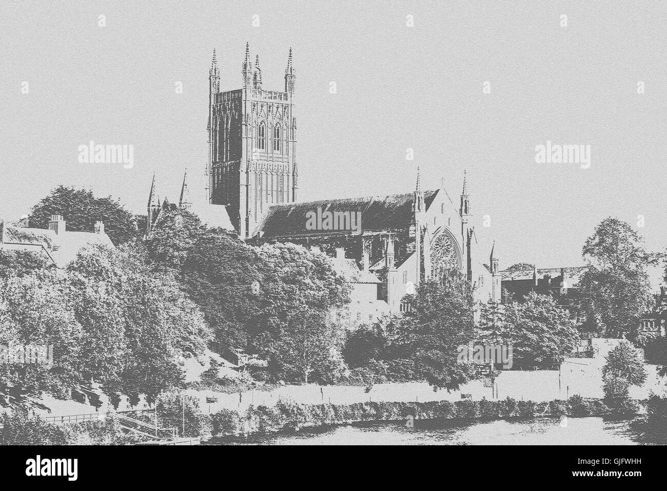 Una linea di effetto disegno preso da una fotografia della cattedrale di Worcester sul fiume Severn, Worcester, Worcestershire, England, Regno Unito Foto Stock