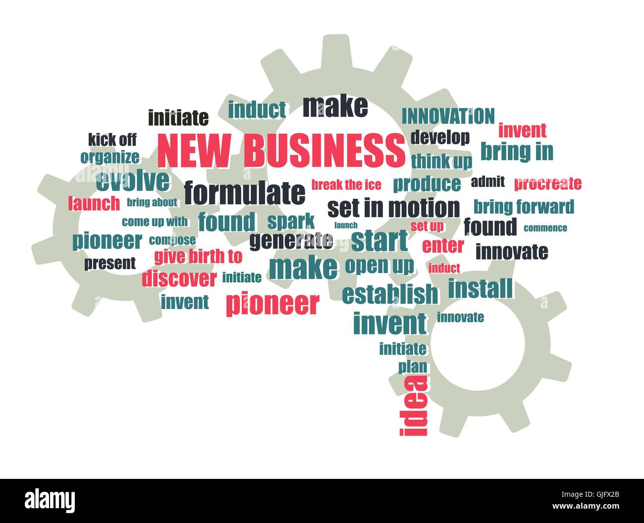Nuovo business wordcloud con ingranaggi astratti sfondo vettoriale Illustrazione Vettoriale