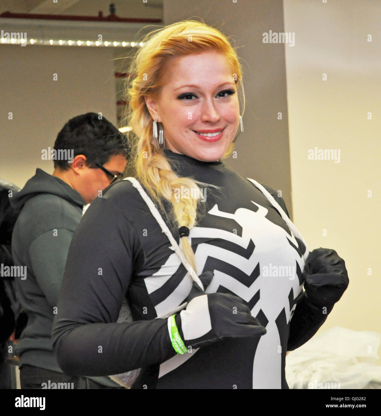 New York. Il 3 aprile 2016. Una simpatica versione di Spiderman & web zaino al Big Apple Comic Con. © Veronica Bruno / Alamy Foto Stock