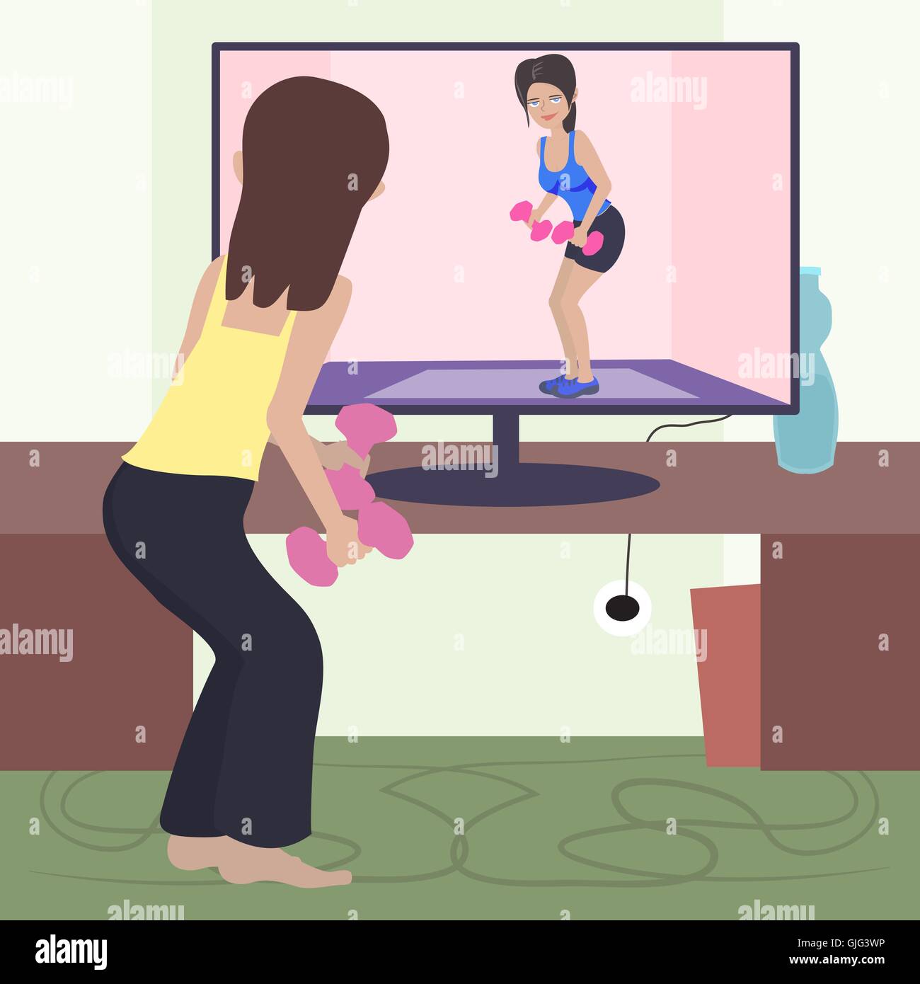 Ragazza fare esercizio di fronte computer trainer - funny cartoon illustrazione Illustrazione Vettoriale