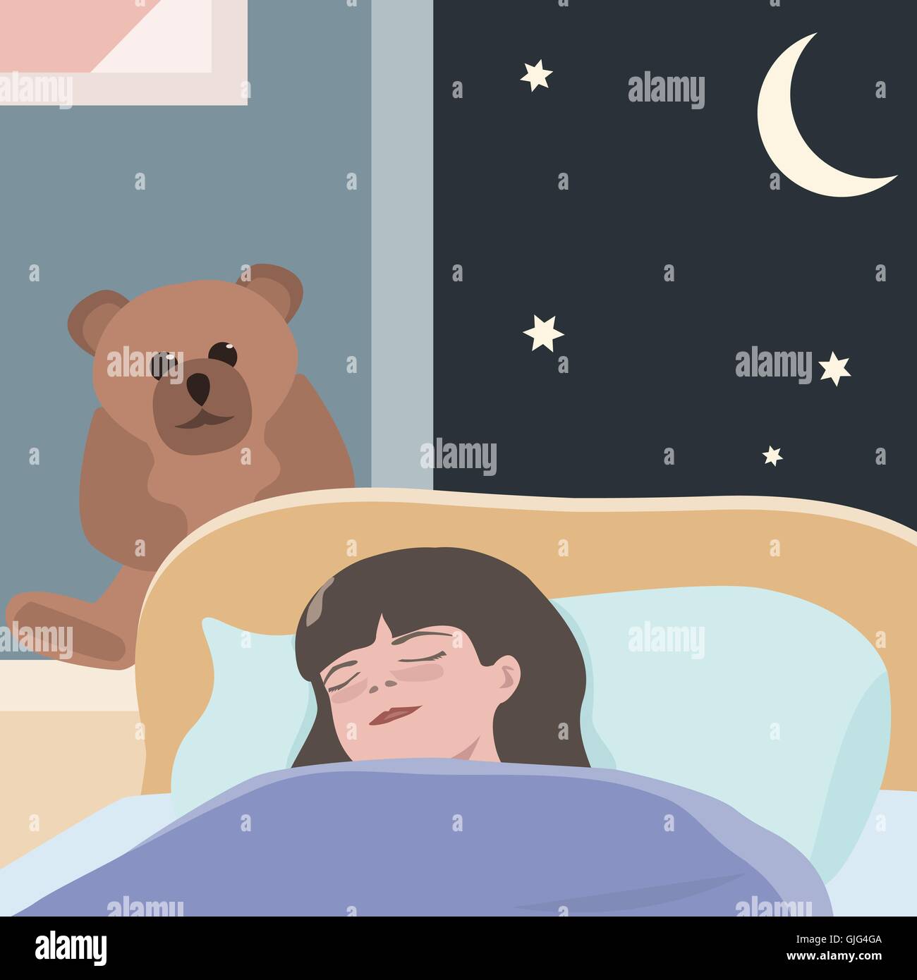 Piccola ragazza a dormire la notte - Cartoon carino illustrazione Illustrazione Vettoriale