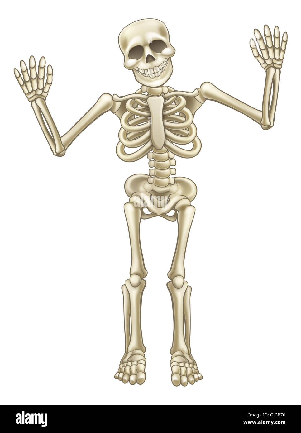 Friendly cartoon mascotte dello scheletro o carattere Halloween agitando a mano sia Foto Stock