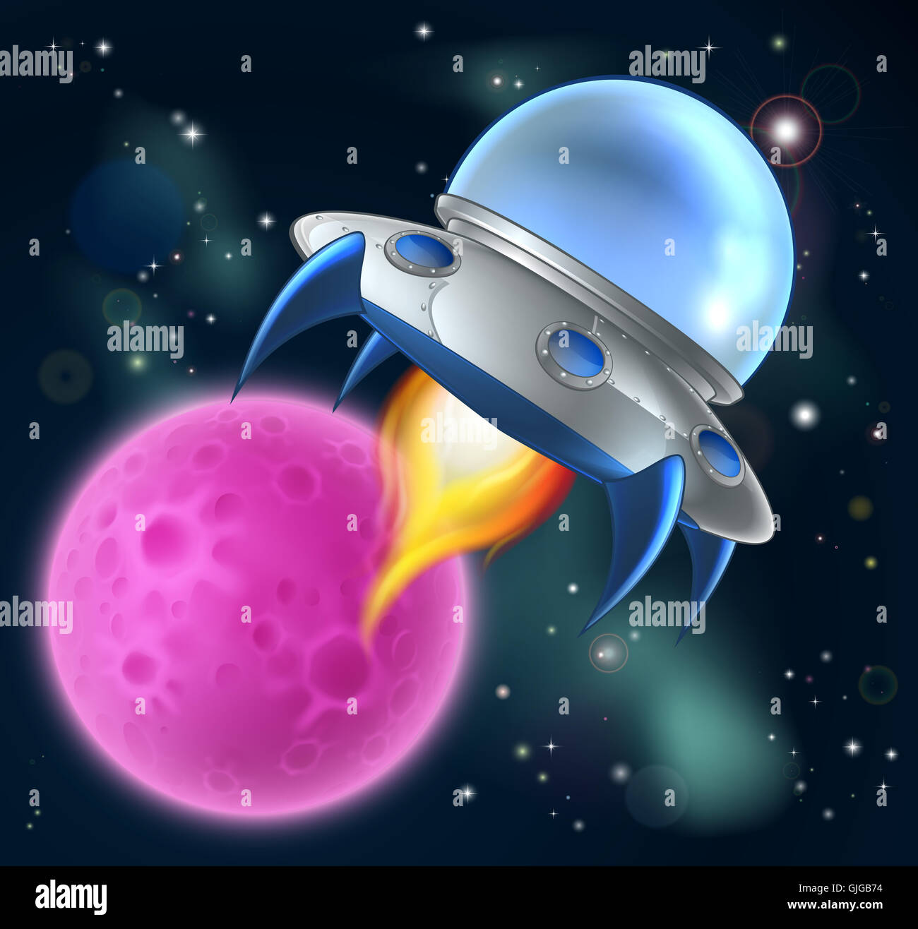 Una illustrazione di un cartoon nave spaziale Flying Saucer volare attraverso lo spazio con una luna o un pianeta in background Foto Stock