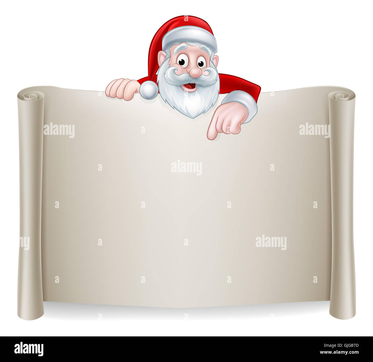 Un Natale di illustrazione di un Cartoon carino Santa rivolto a un segno di scorrimento Foto Stock