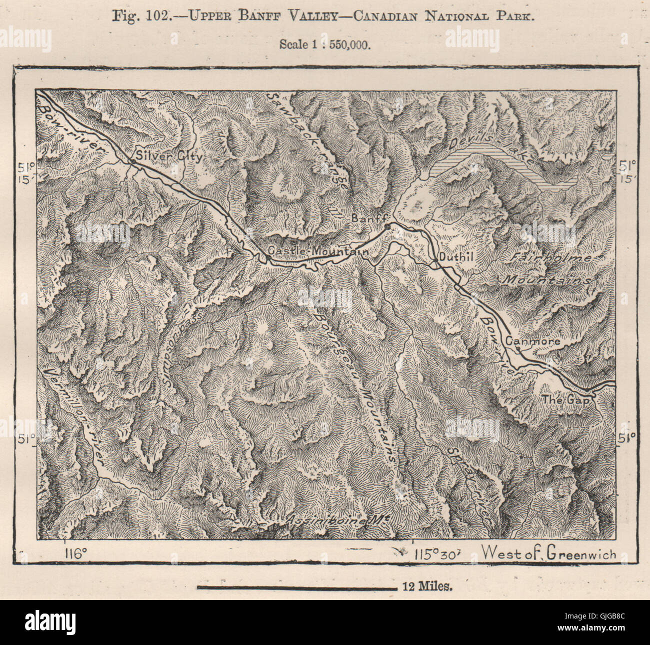 Alta Valle di Banff - Canadian National Park. Canada, 1885 Mappa antichi Foto Stock
