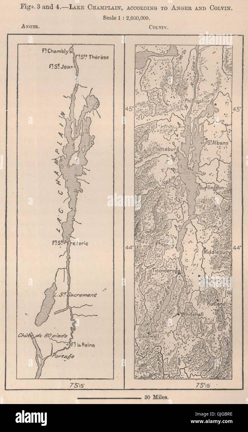 Lago Champlain, secondo la rabbia e Colvin. Stati Uniti d'America, 1885 Mappa antichi Foto Stock
