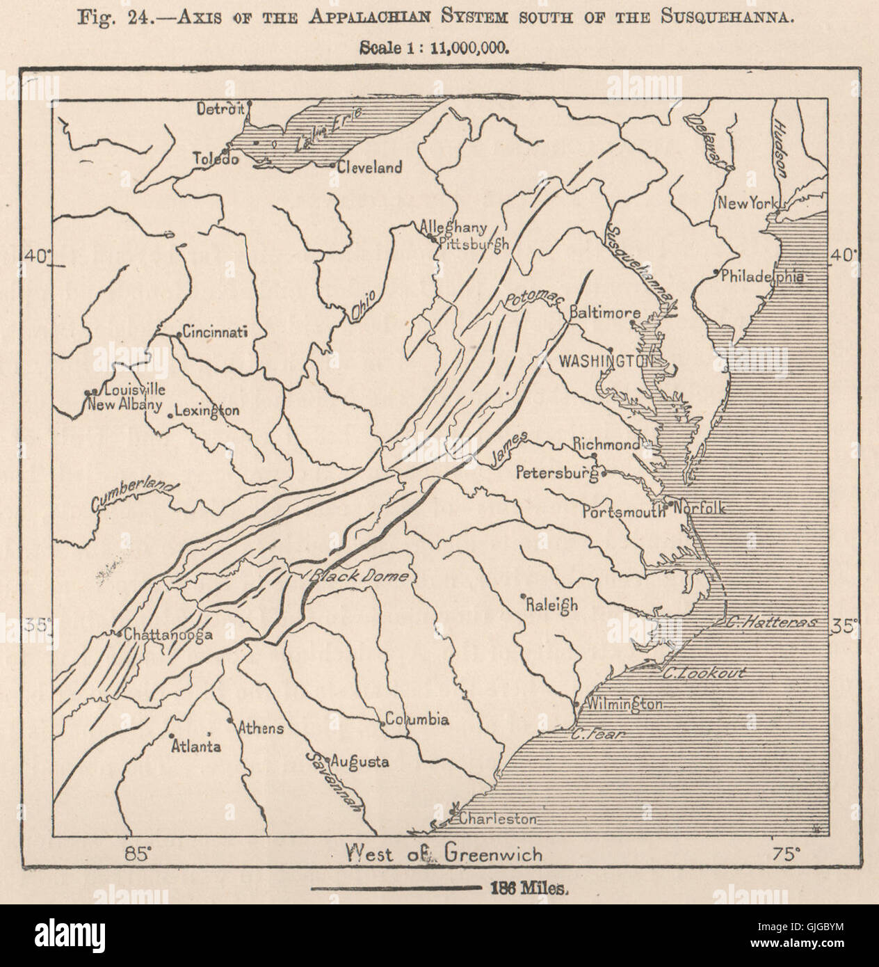 Asse della Appalachian System Sud del Susquehanna. Stati Uniti d'America, 1885 Mappa antichi Foto Stock