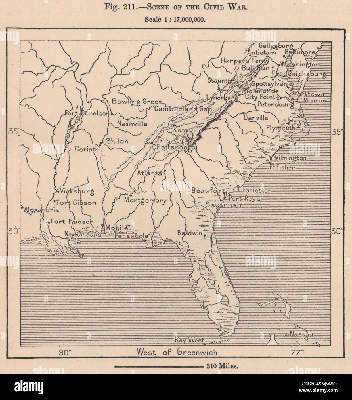 Scena della guerra civile. Stati Uniti d'America. Stati Uniti, 1885 Mappa antichi Foto Stock