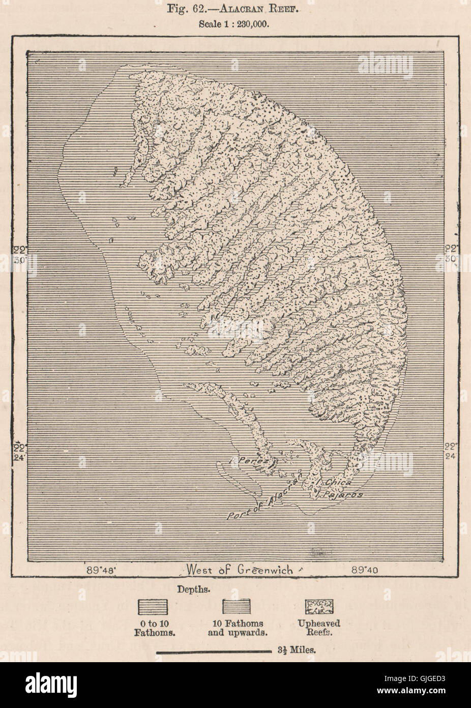 Alacran Reef. Scorpion Reef. Arrecife Alacranes. Yucatan, Messico, 1885 mappa vecchia Foto Stock