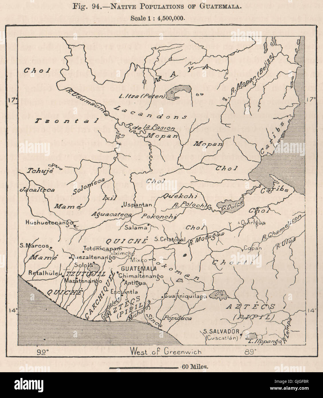 Le popolazioni indigene del Guatemala. America centrale, 1885 Mappa antichi Foto Stock