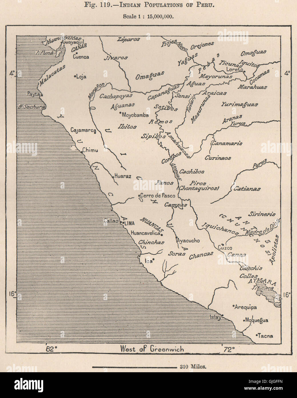 Popolazioni indiane del Perù, 1885 Mappa antichi Foto Stock