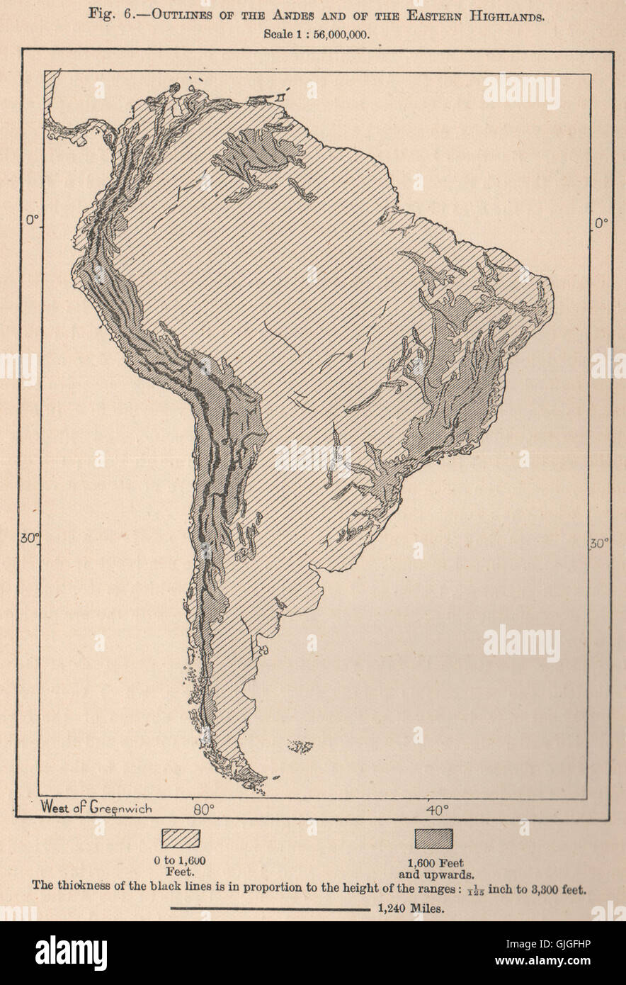 I contorni delle Ande e dell'Est delle Highlands. Sud America, 1885 Mappa Foto Stock