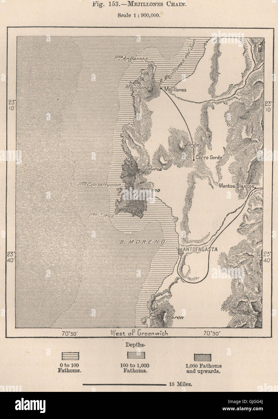 Antofagasta & Mejillones. Il Cile, 1885 Mappa antichi Foto Stock